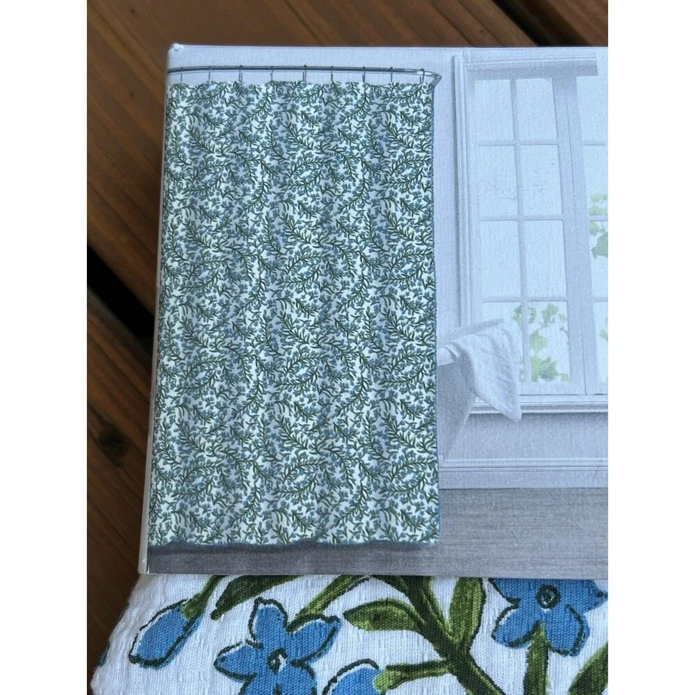 Boundary Shower Curtain Elegant Cotton Texture White Blue Flowers Blue Trim New
